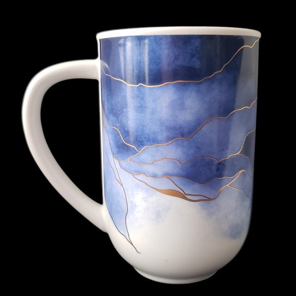 New Abstract Coffee Tea Water Mug Blue Watercolor Print W/ Gold Ceramic 16 oz - Picture 1 of 11